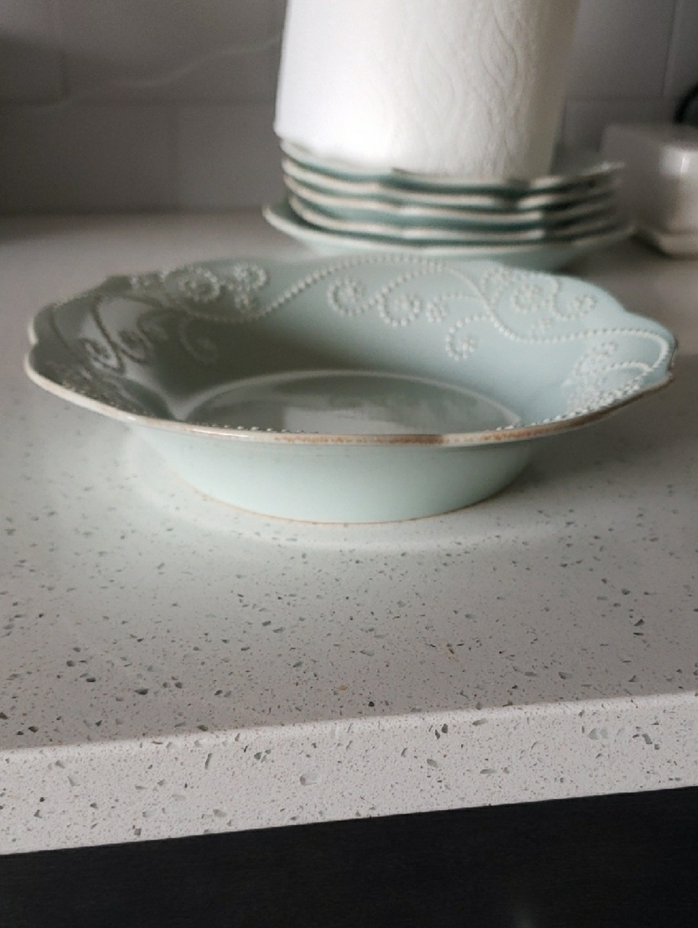 Lenox French Perle Ice Blue Scalloped Pasta Bowls and 4 dessert plates - Picture 4 of 6